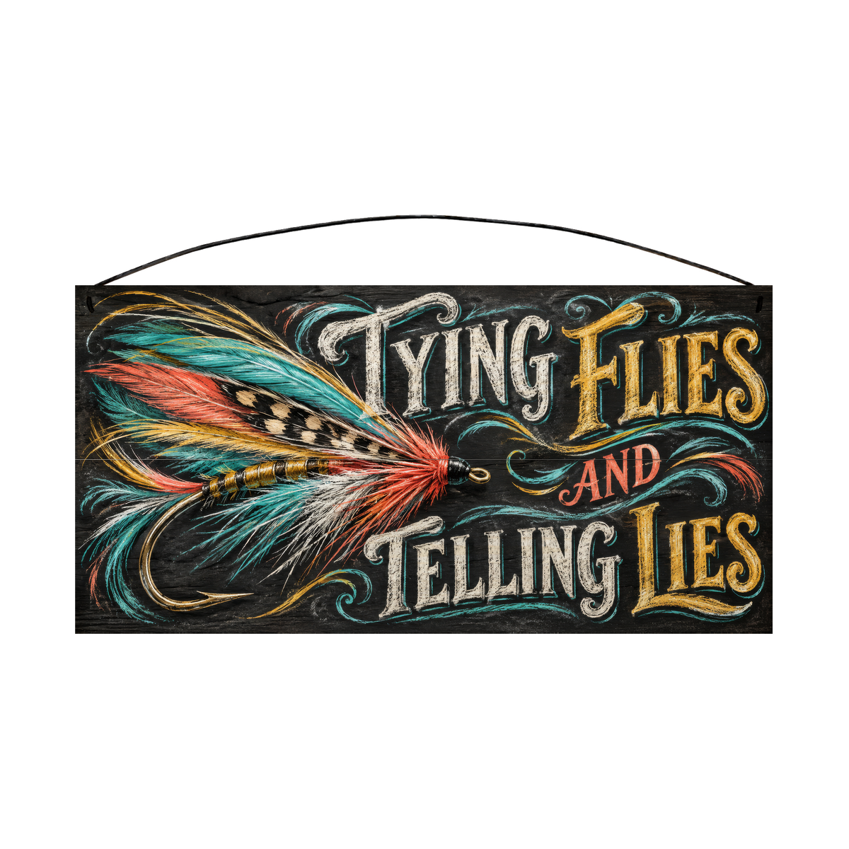 Tying Flies and Telling Lies Fly Fishing Wood Sign, 7×14 — solid pine