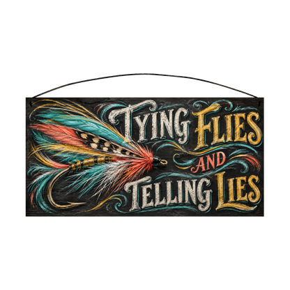 Tying Flies and Telling Lies Fly Fishing Wood Sign, 7×14 — solid pine