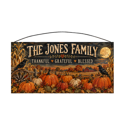 Personalized Thankful Grateful Blessed Pumpkin Patch Wood Sign – Custom Family Name, 7×14