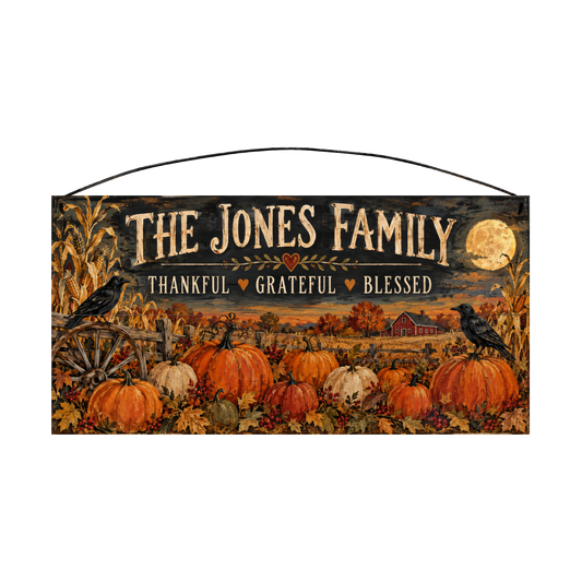 Personalized Thankful Grateful Blessed Pumpkin Patch Wood Sign – Custom Family Name, 7×14