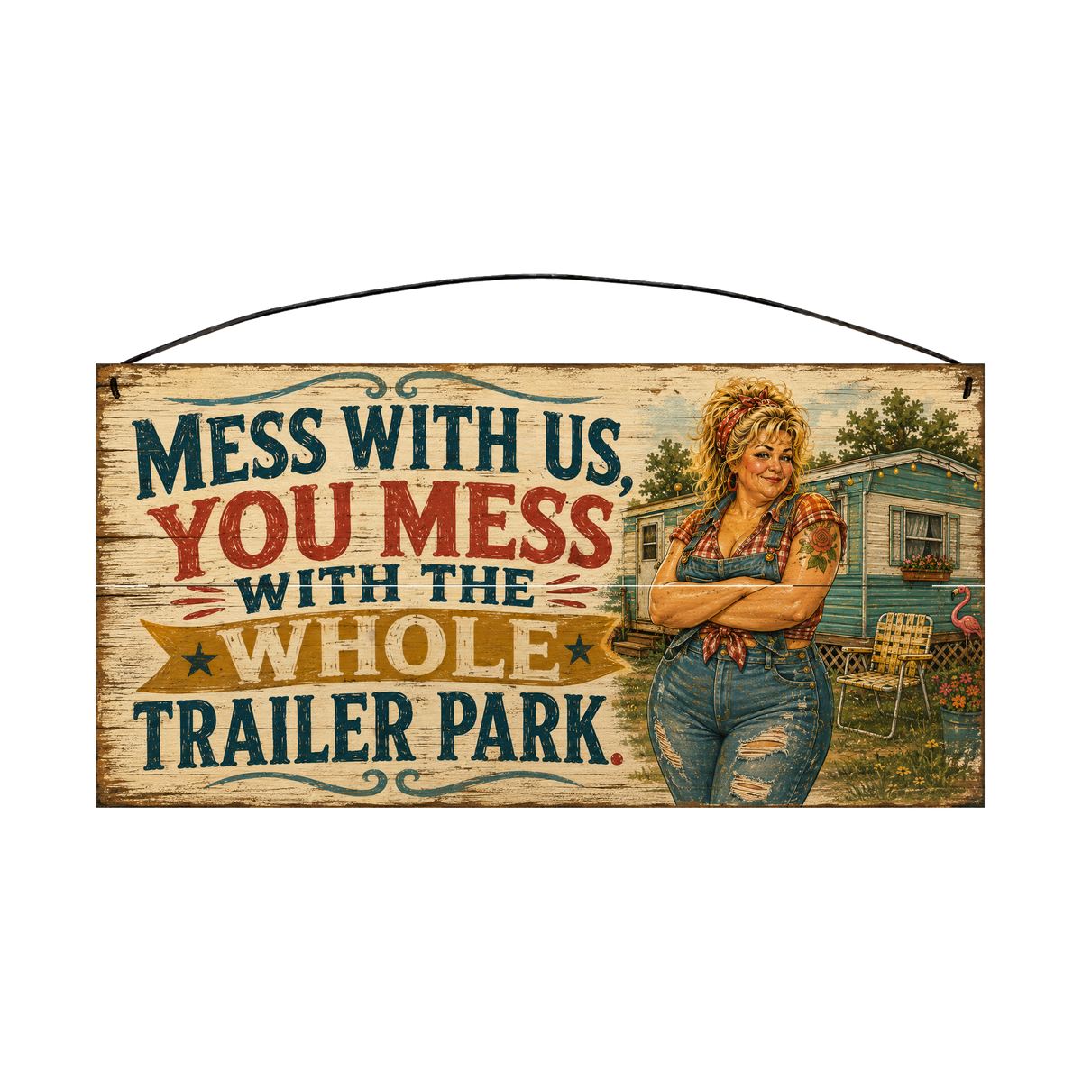 Mess With Us, You Mess With the Whole Trailer Park retro pin-up 7 × 14 wood sign — solid pine
