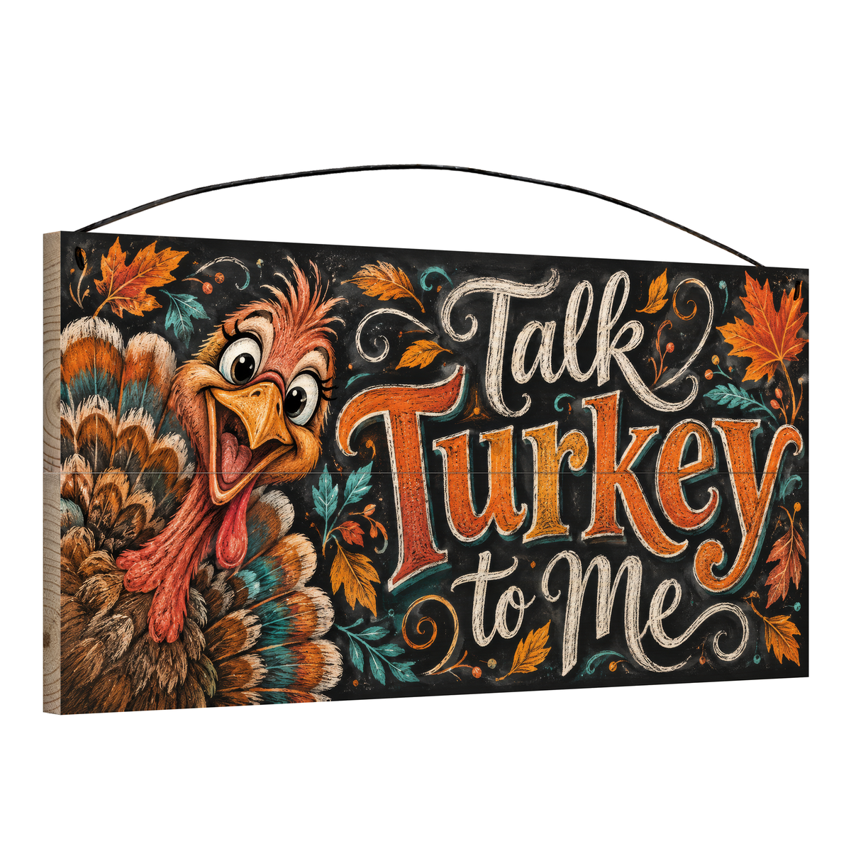 Talk Turkey to Me Funny Turkey Chalkboard wood sign, 7x14, angled view showing the pine edge