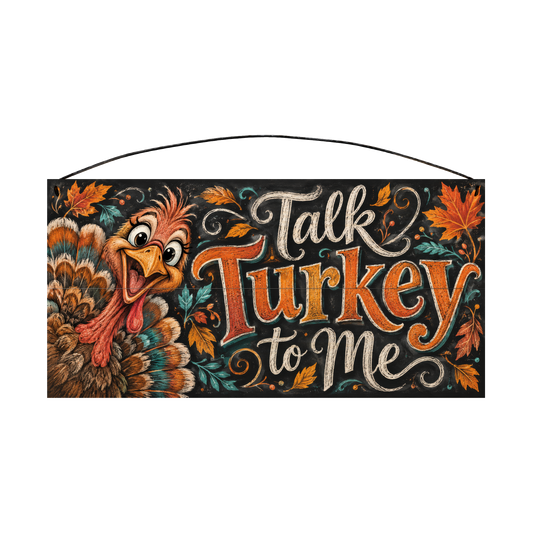 Talk Turkey to Me Funny Turkey Chalkboard wood sign, 7x14, front