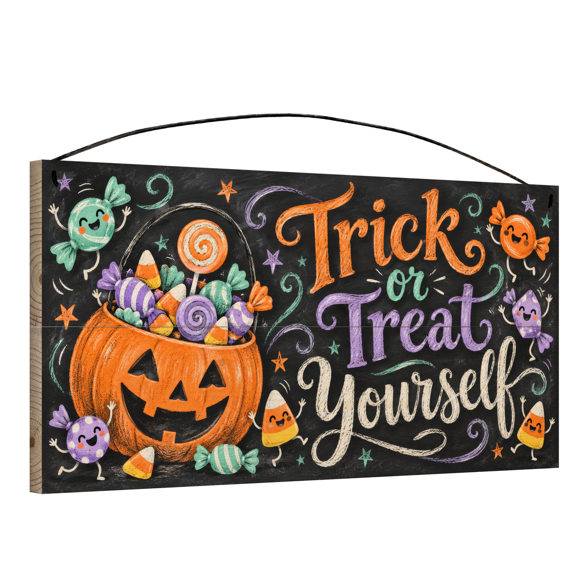 Trick or Treat Yourself 7x14 wood sign, angle view