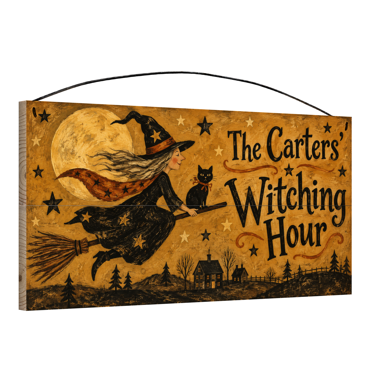 Personalized Witching Hour Flying Witch Halloween Wood Sign – Custom Family Name, 7×14