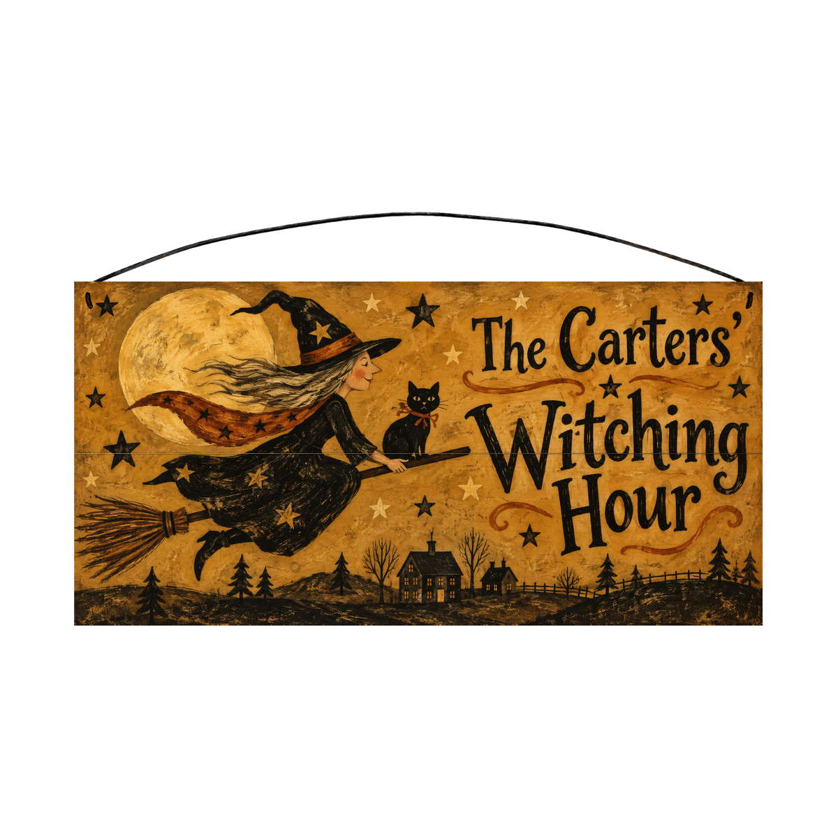 Personalized Witching Hour Flying Witch Halloween Wood Sign – Custom Family Name, 7×14