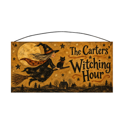 Personalized Witching Hour Flying Witch Halloween Wood Sign – Custom Family Name, 7×14