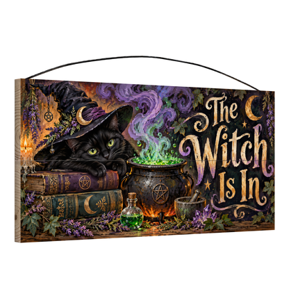 The Witch Is In 7x14 wood sign, angle view
