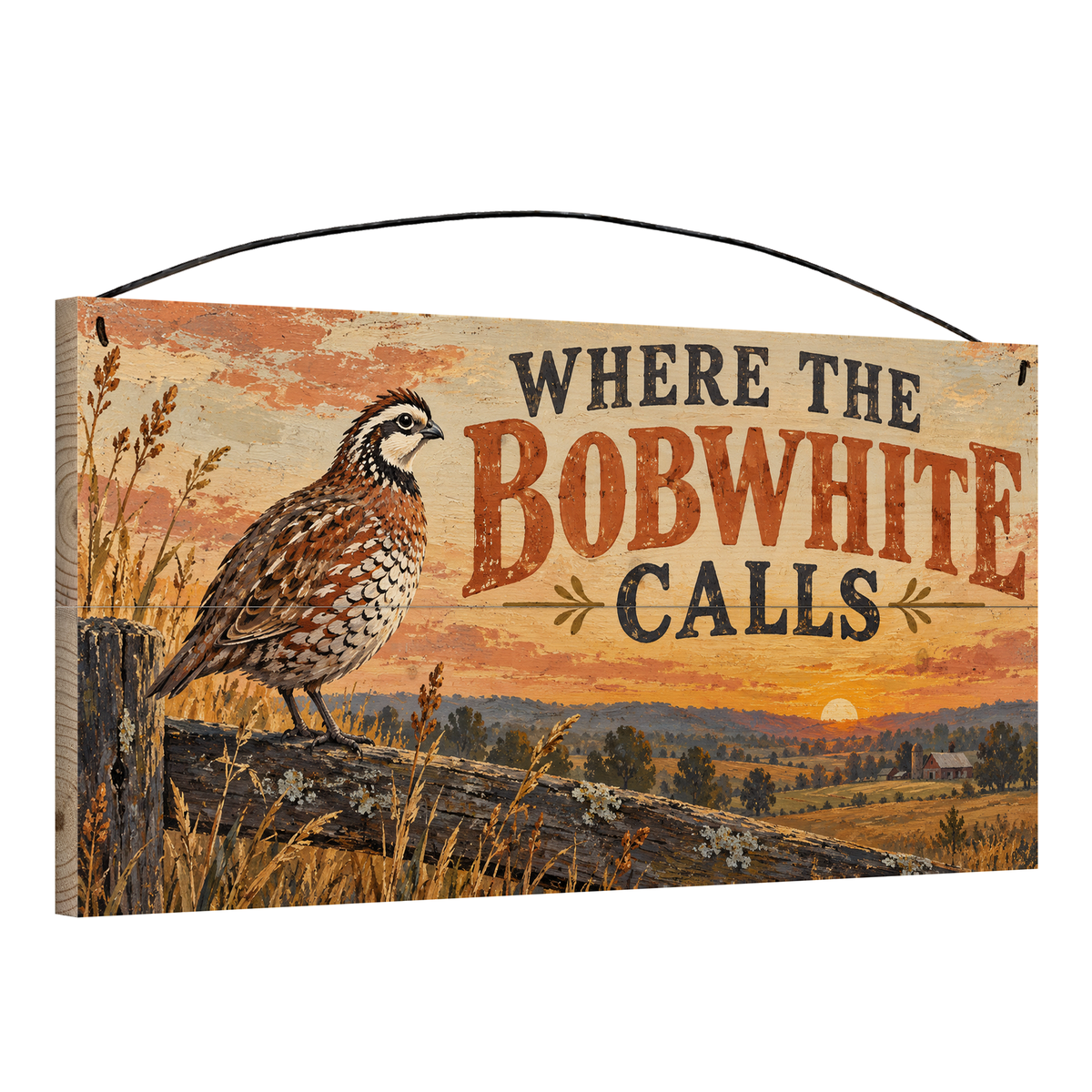 Where the Bobwhite Calls 7x14 pine wood sign, angled view showing the edge and wire hanger