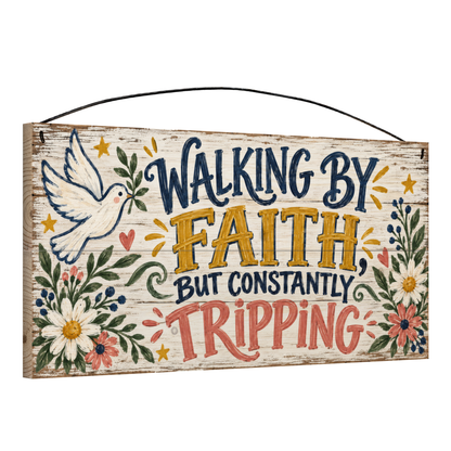 Walking by Faith, But Constantly Tripping 7x14 wood sign, angled view