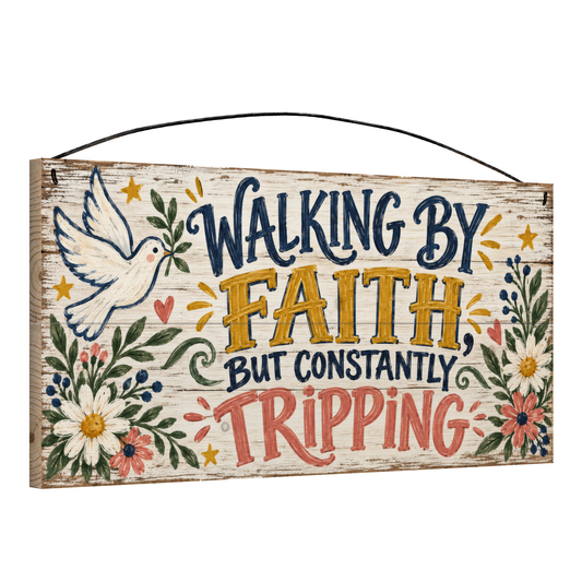 Walking by Faith, But Constantly Tripping 7x14 wood sign, angled view