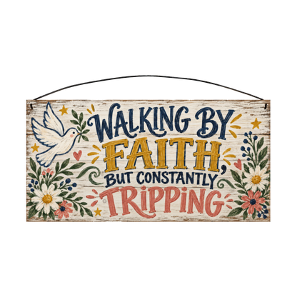 Walking by Faith, But Constantly Tripping 7x14 wood sign, front