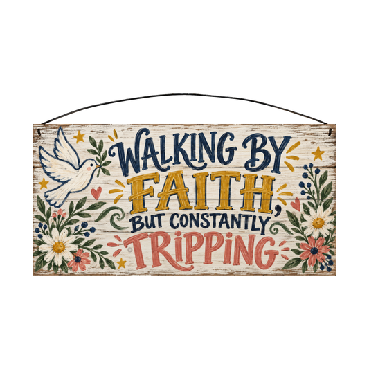 Walking by Faith, But Constantly Tripping 7x14 wood sign, front