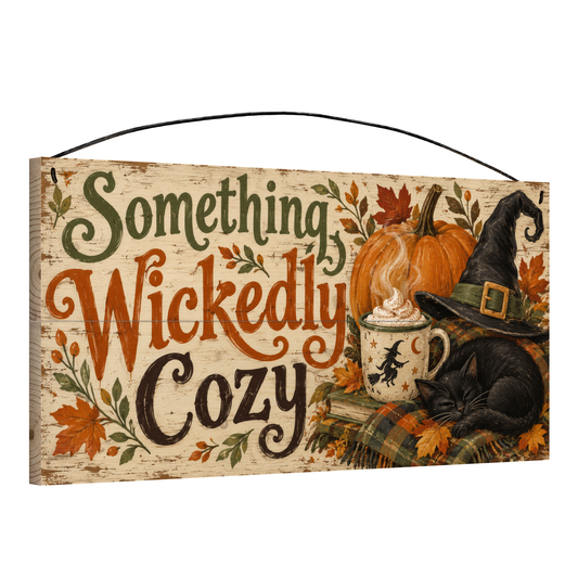 Something Wickedly Cozy 7x14 wood sign, angle view