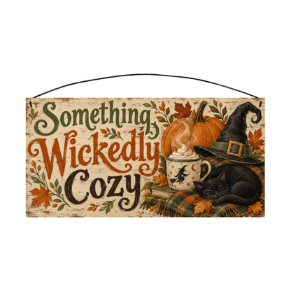 Something Wickedly Cozy 7x14 wood sign, front