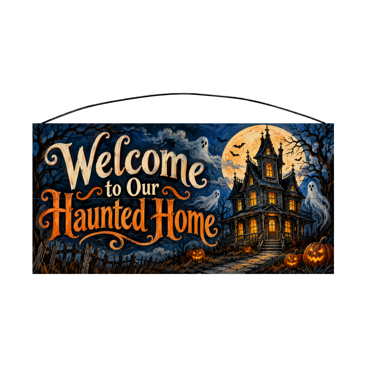 Welcome to Our Haunted Home 7x14 wood sign, front