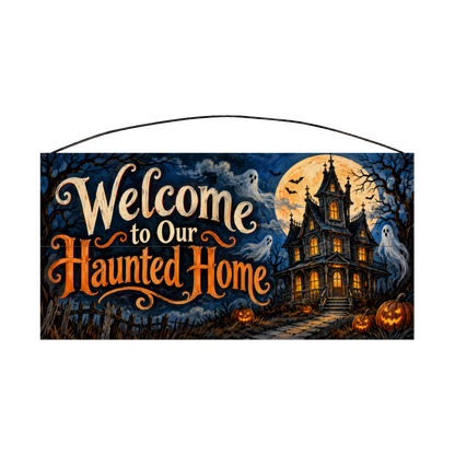 Welcome to Our Haunted Home 7x14 wood sign, front