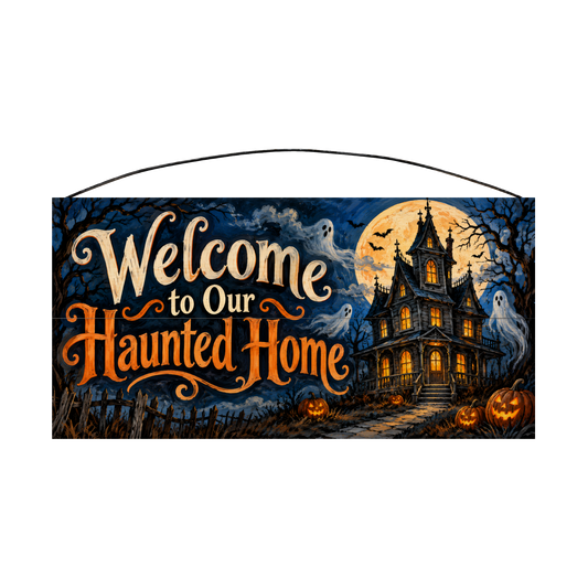 Welcome to Our Haunted Home 7x14 wood sign, front