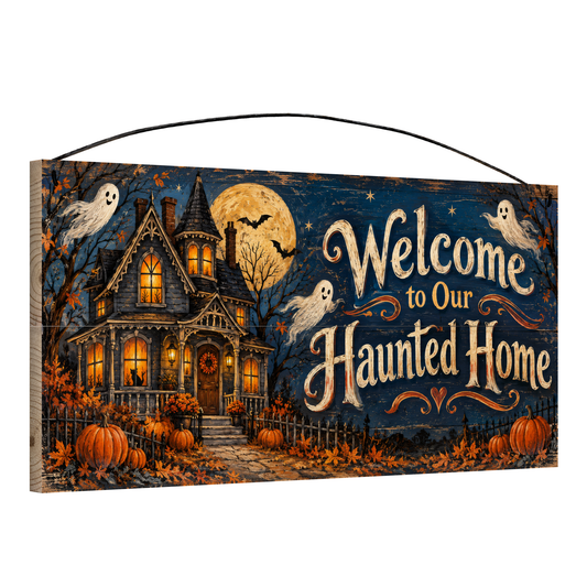 Welcome to Our Haunted Home 7x14 wood sign, angle view