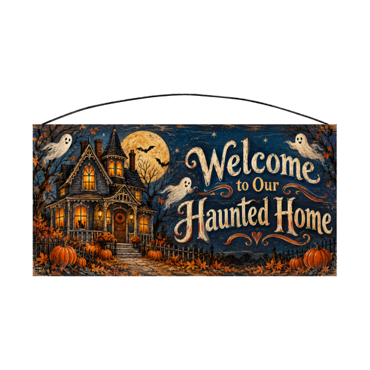 Welcome to Our Haunted Home 7x14 wood sign, front