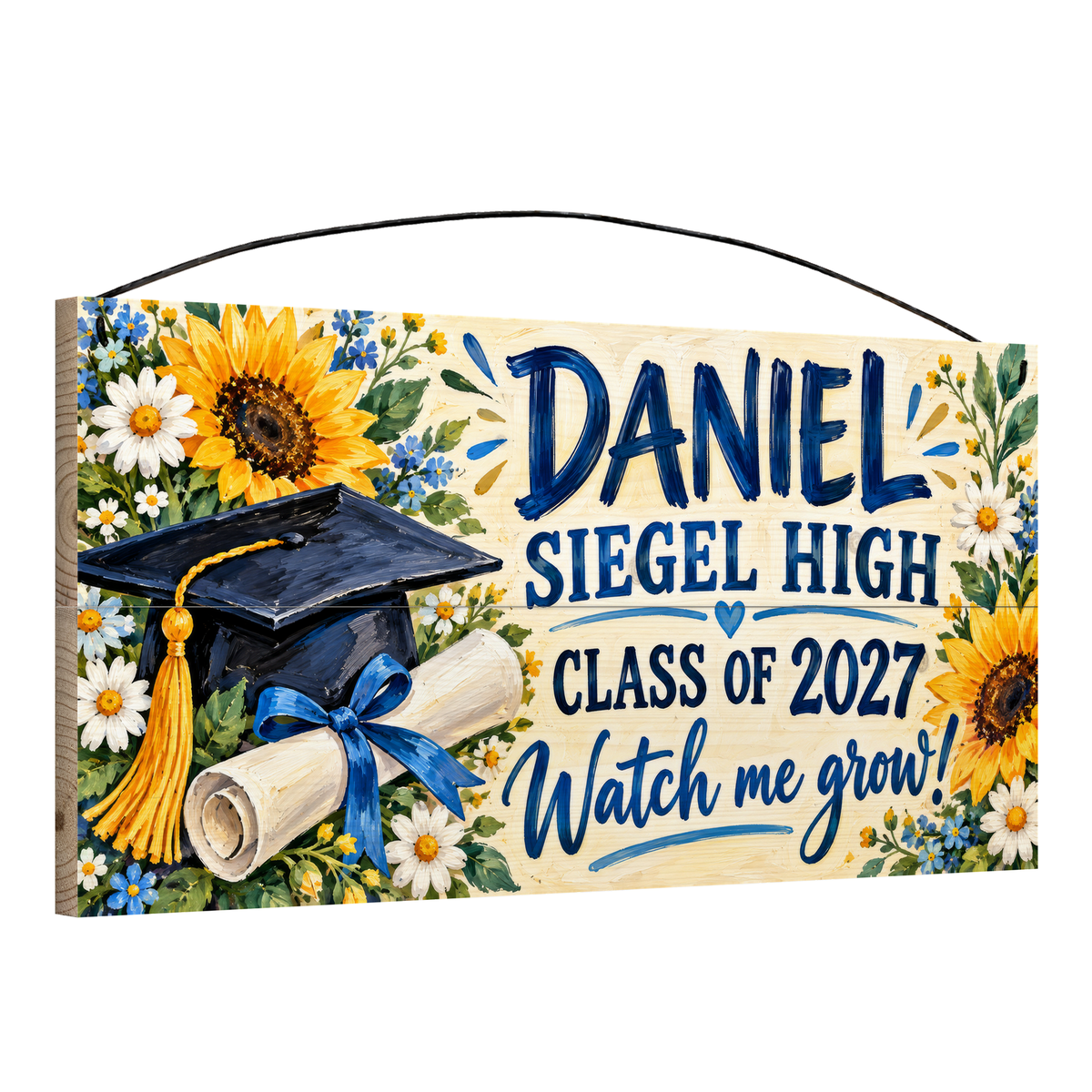 Angled view of the personalized Watch Me Grow graduation 7 x 14 in pine wood sign, showing the board thickness and wire hanger