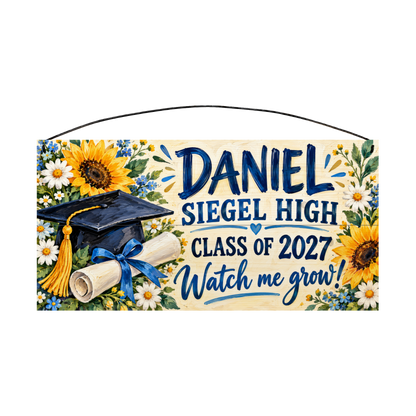 Personalized Watch Me Grow graduation wood sign, 7 x 14 in — sunflowers, daisies and blue forget-me-nots around a graduation cap and diploma, with navy name lettering on a cream board