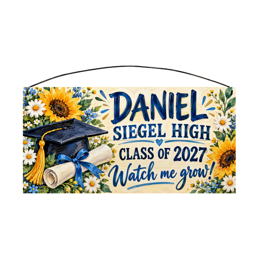 Personalized Watch Me Grow graduation wood sign, 7 x 14 in — sunflowers, daisies and blue forget-me-nots around a graduation cap and diploma, with navy name lettering on a cream board
