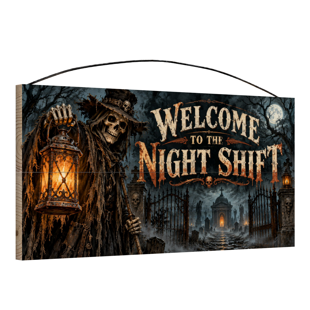 Welcome to the Night Shift 7x14 wood sign, angle view
