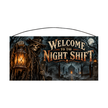 Welcome to the Night Shift 7x14 wood sign, front