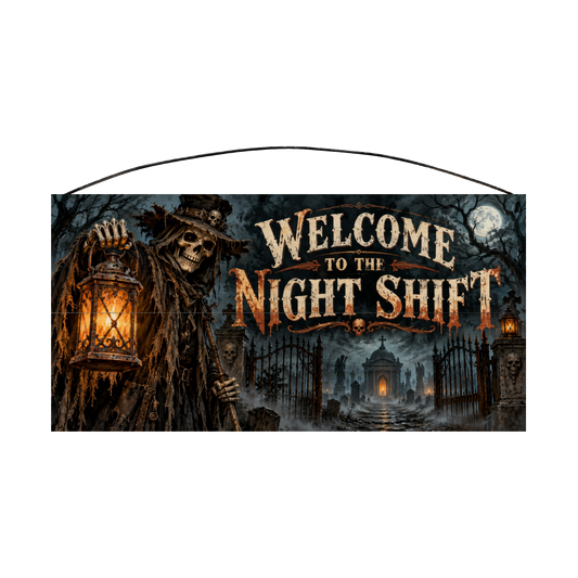 Welcome to the Night Shift 7x14 wood sign, front