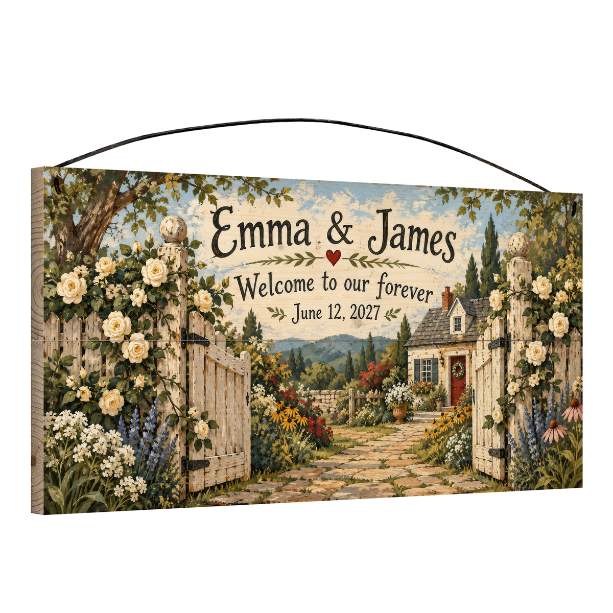 Welcome to Our Forever personalized wood sign, angled view showing the pine edge