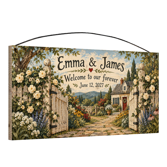 Welcome to Our Forever personalized wood sign, angled view showing the pine edge