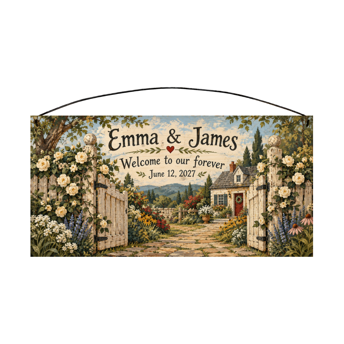 Welcome to Our Forever personalized wood sign, front view with sample wording