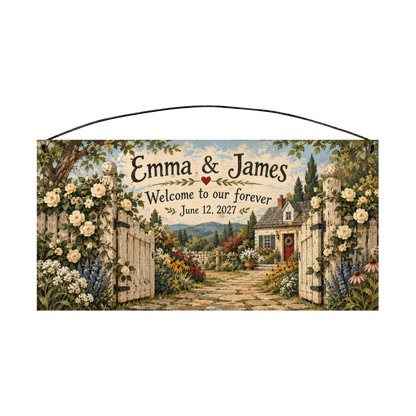 Welcome to Our Forever personalized wood sign, front view with sample wording
