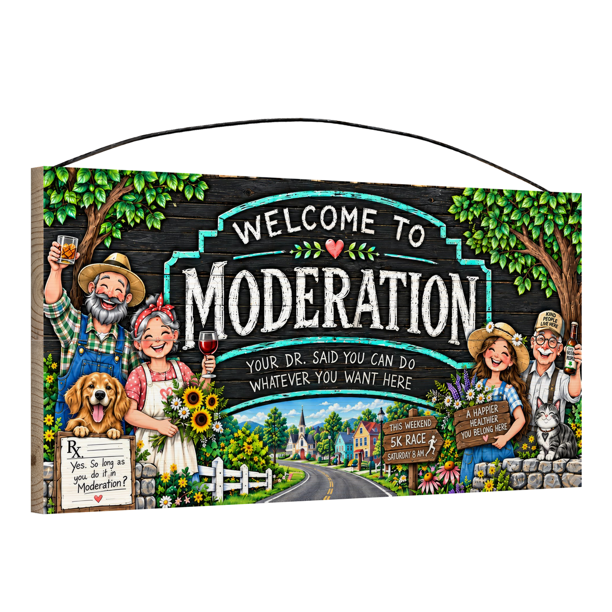 Angled view of the Welcome to Moderation 7 x 14 in pine wood sign, showing the board thickness, slat ends and wire hanger