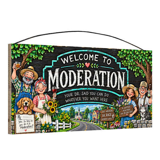 Angled view of the Welcome to Moderation 7 x 14 in pine wood sign, showing the board thickness, slat ends and wire hanger