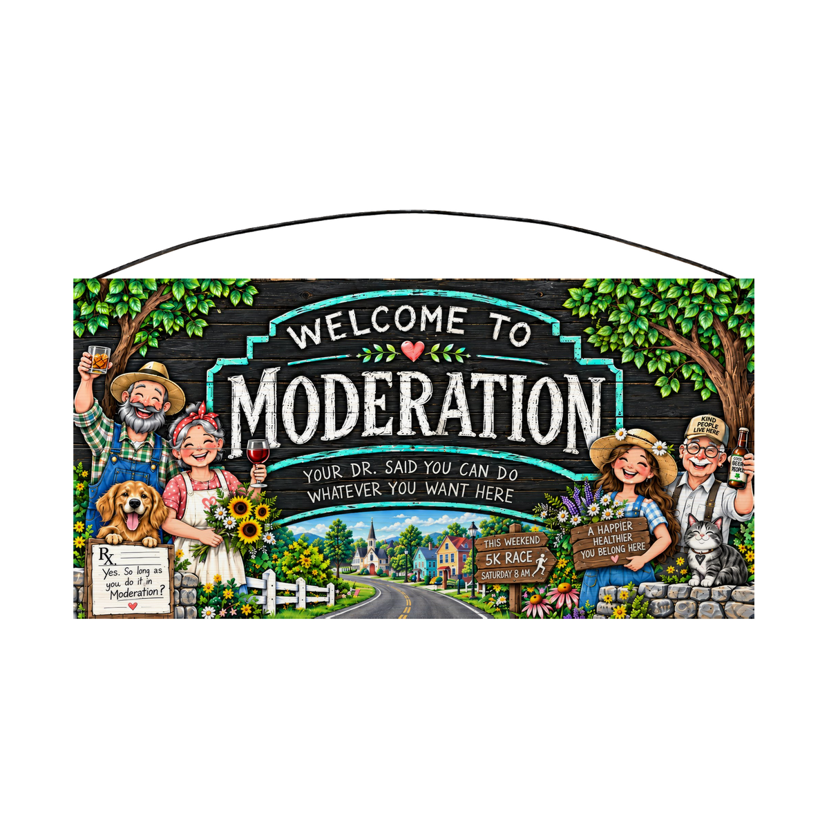 Welcome to Moderation wood sign, 7 x 14 in, white distressed lettering in a teal frame on dark planks with a laughing farm family, dog, cat and small-town road