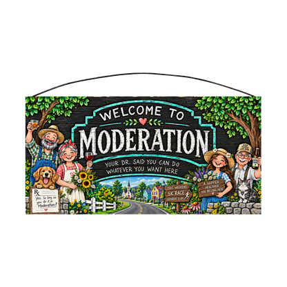 Welcome to Moderation wood sign, 7 x 14 in, white distressed lettering in a teal frame on dark planks with a laughing farm family, dog, cat and small-town road