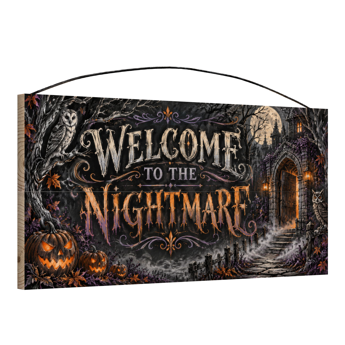 Welcome to the Nightmare 7x14 wood sign, angle view