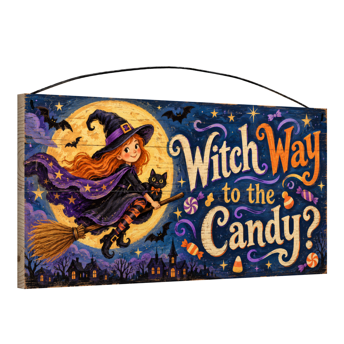 Witch Way to the Candy 7x14 wood sign, angle view
