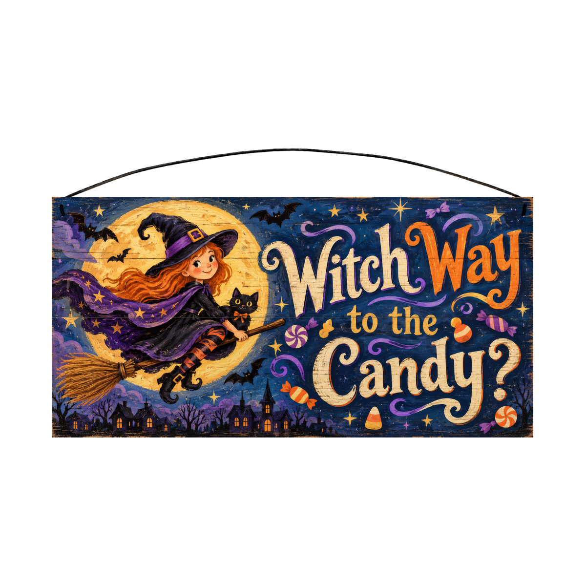 Witch Way to the Candy 7x14 wood sign, front