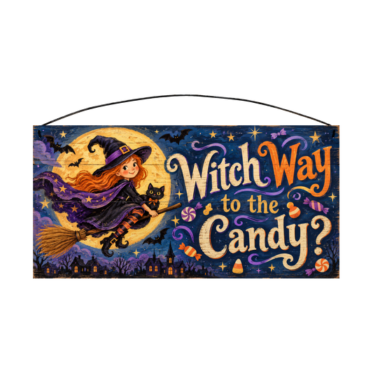 Witch Way to the Candy 7x14 wood sign, front