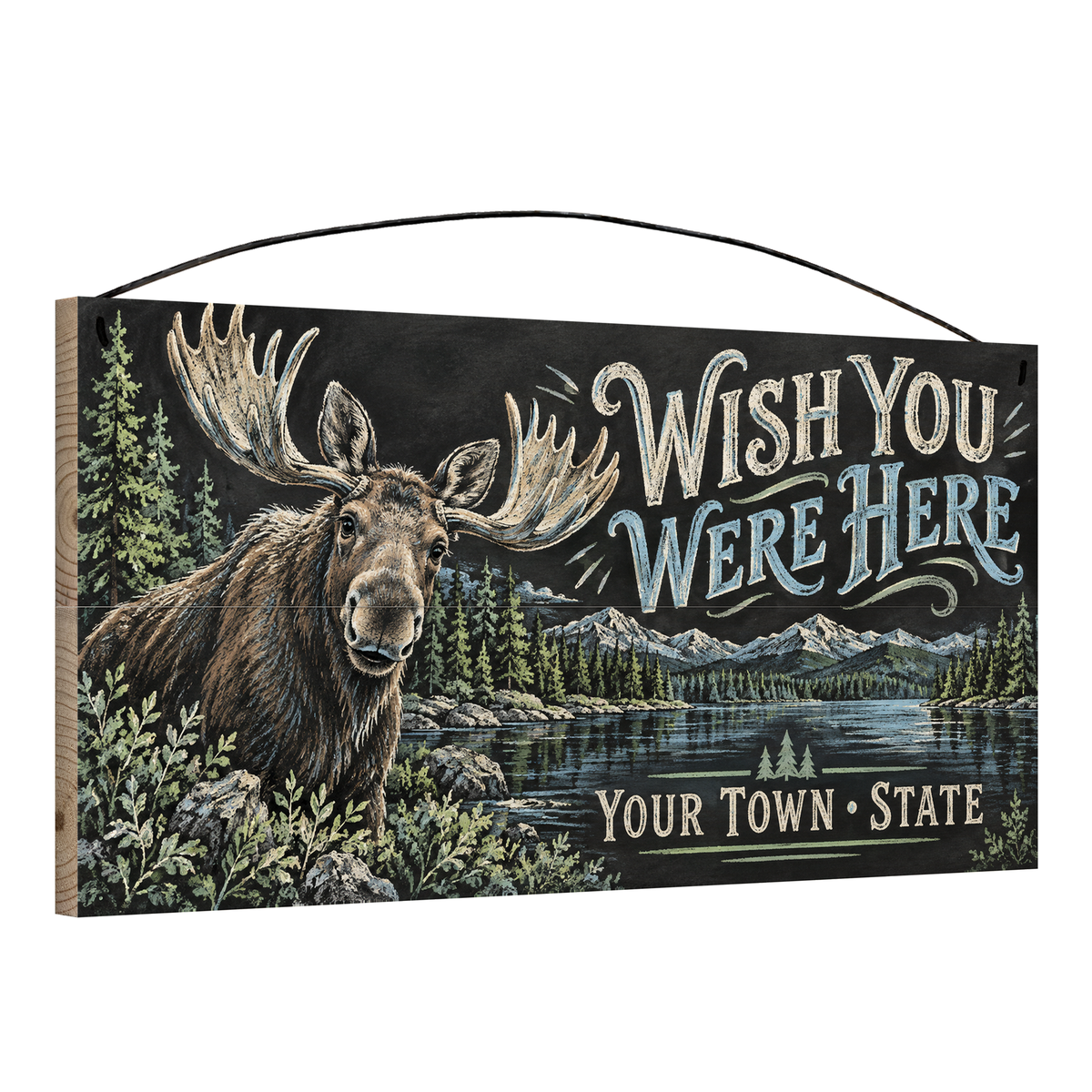 Angled view of the personalized Wish You Were Here 7 x 14 in pine wood sign, showing the board thickness and wire hanger