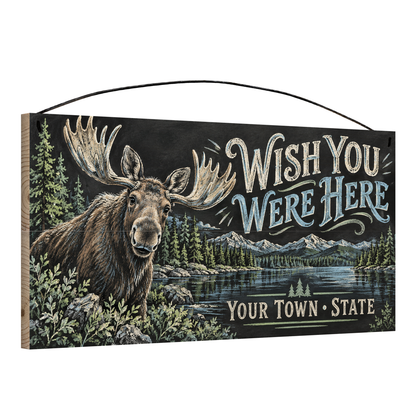 Angled view of the personalized Wish You Were Here 7 x 14 in pine wood sign, showing the board thickness and wire hanger