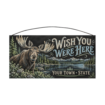 Personalized Wish You Were Here wood sign, 7 x 14 in — Bull moose beside a mountain lake, with your town and state