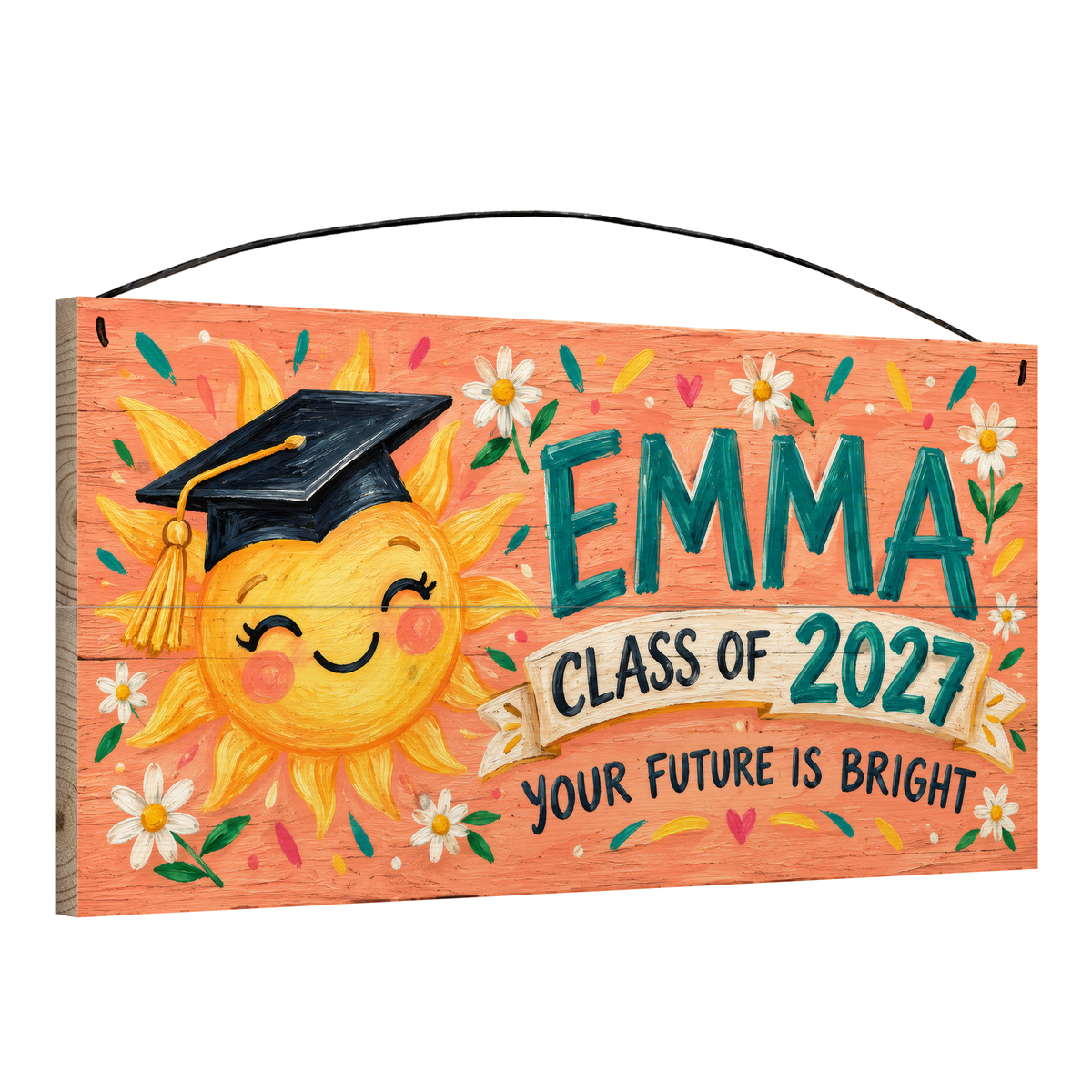Angled view of the personalized Your Future Is Bright graduation 7 x 14 in pine wood sign, showing the board thickness and wire hanger
