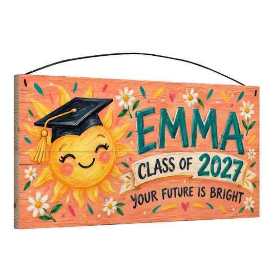 Angled view of the personalized Your Future Is Bright graduation 7 x 14 in pine wood sign, showing the board thickness and wire hanger
