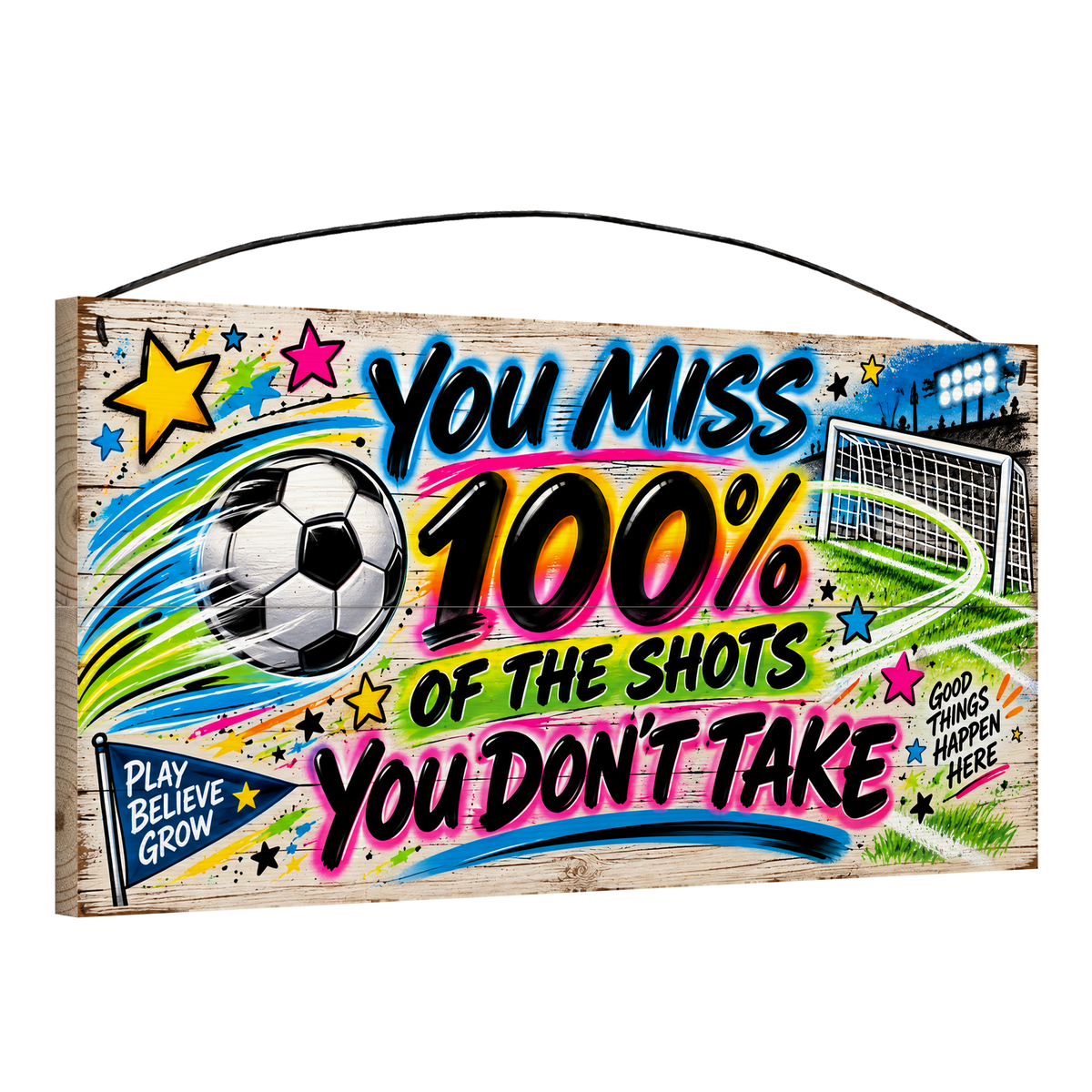 You Miss 100% of the Shots You Don't Take Neon Soccer Wood Sign, 7×14 — angled view, solid pine