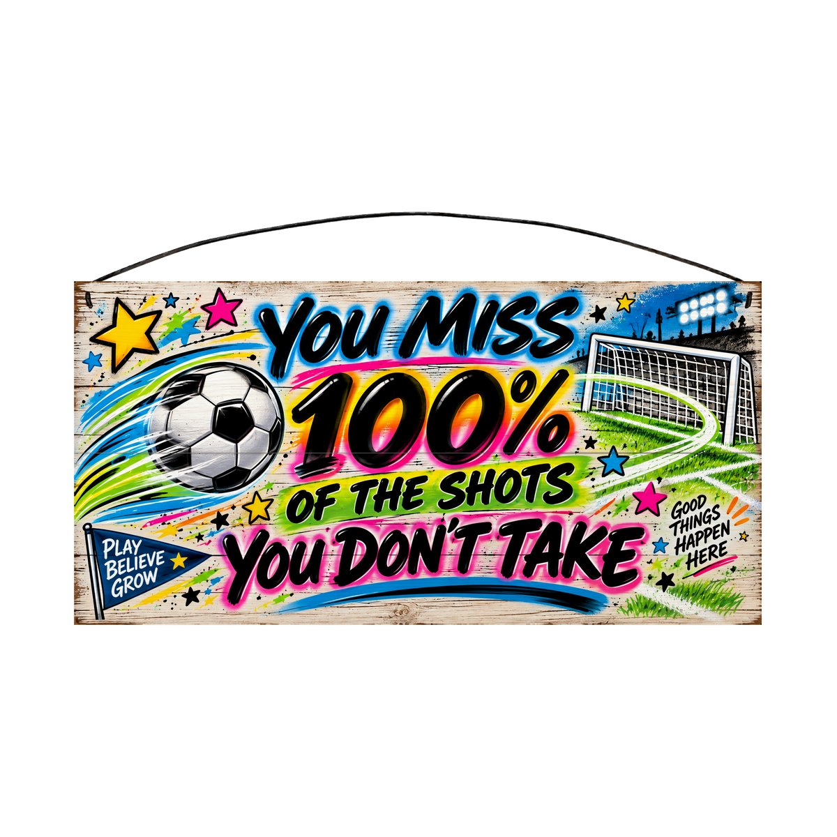 You Miss 100% of the Shots You Don't Take Neon Soccer Wood Sign, 7×14 — solid pine