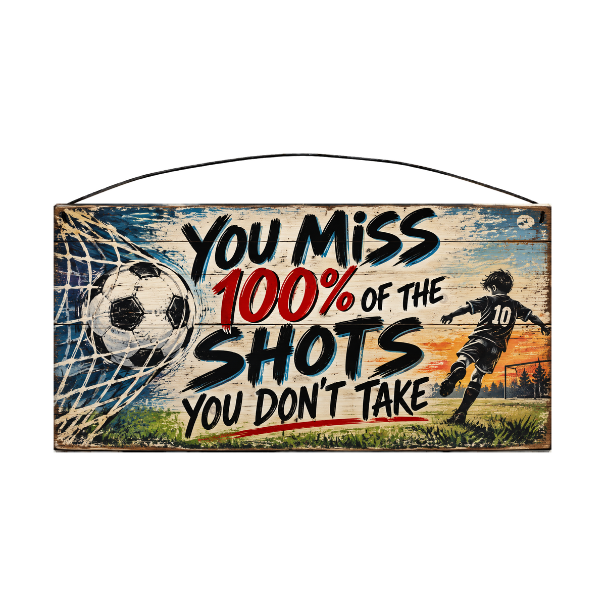 You Miss 100% of the Shots You Don't Take Soccer Player Sunset Wood Sign, 7×14 — solid pine